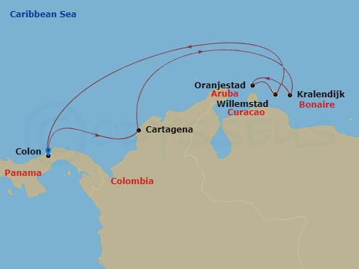 RCL Serenade of the Seas - 8 Night - Southern Caribbean Cruise - RCL Serenade of the Seas - Starting in Colon, Panama, Cartagena CO, Kralendijk, Bonaire, Oranjestad, Aruba, Willemstad A.. itinerary map
