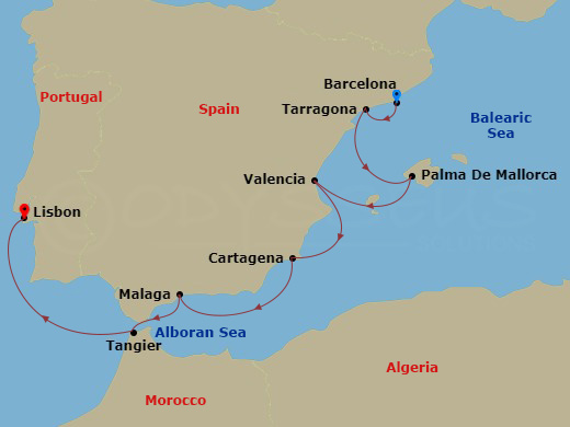 Wind Spirit - 10 Night - Treasures of Southern Spain & Morocco - Wind Spirit - Starting in Barcelona, Tarragona, Spain, Palma De Mallorca, Valencia, Cartagena ES, Malaga, T.. itinerary map