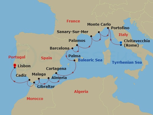 Wind Surf - 13 Night - Star Collector : Enchantment of the Western Med - Wind Surf - Starting in Rome, Portofino, Monte Carlo, Sanary-sur-mer, Palamos, Barcelona, Palma D.. itinerary map