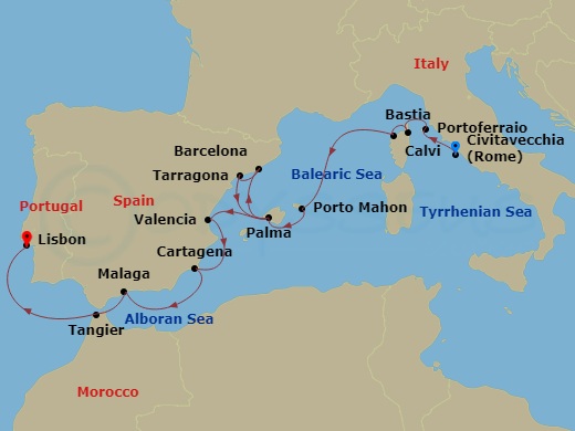 Wind Star - 17 Night - Star Collector : Romance of the West Med - Wind Star - Starting in Rome, Portoferraio, Bastia, Calvi, Mahon, Palma De Mallorca, Barcelona, Tarragon.. itinerary map