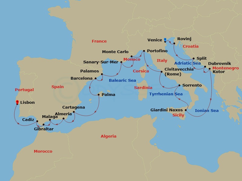 Wind Surf - 23 Night - Star Collector : Riviera Rhapsody - Wind Surf - Starting in Venice, Rovinj, Split, Dubrovnik, Croatia, Kotor, Giardini Naxos, Sorrento, Rome, Porto.. itinerary map