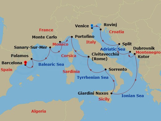 Wind Surf - 15 Night - Star Collector : Italian Trio - Wind Surf - Starting in Venice, Rovinj, Split, Dubrovnik, Croatia, Kotor, Giardini Naxos, Sorrento, Rome, Portofino.. itinerary map