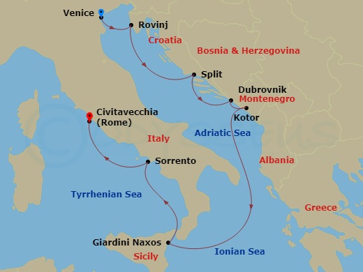 Wind Surf - 10 Night - Classic Italy & Dalmatian Coast - Wind Surf - Starting in Venice, Rovinj, Split, Dubrovnik, Croatia, Kotor, Giardini Naxos, Sorrento, Rome itinerary map