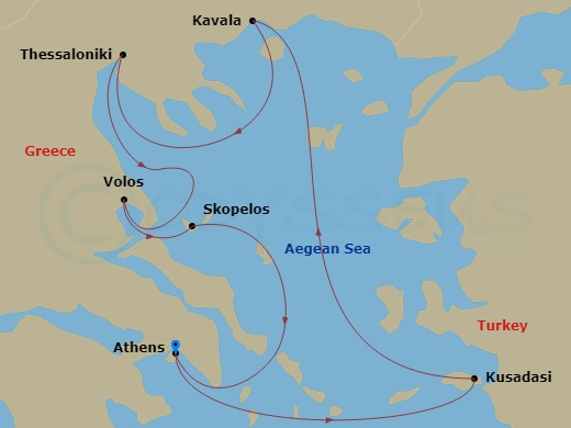 Star Legend - 8 Night - Postcards from Northern Greece - Star Legend - Starting in Athens, Greece, Kusadasi, Kavala, Greece, Thessaloniki, Greece, Volos, Greece, Skopelos,.. itinerary map