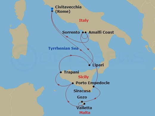Wind Surf - 10 Night - Sicilian Splendors - Wind Surf - Starting in Rome, Syracuse, Italy, Gozo, Valletta, Porto Empedocle, Trapani, Lipari, Sorrento, Amalfi, Rome itinerary map