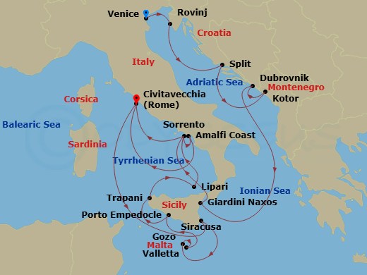 Wind Surf - 18 Night - Star Collector : Culture & Charms of Italy & Croatia - Wind Surf - Starting in Venice, Rovinj, Split, Kotor, Dubrovnik, Croatia, Giardini Naxos, So.. itinerary map