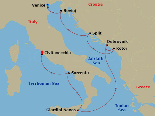Wind Surf - 8 Night - Classic Italy & Dalmatian Coast - Wind Surf - Starting in Venice, Rovinj, Split, Kotor, Dubrovnik, Croatia, Giardini Naxos, Sorrento, Rome itinerary map
