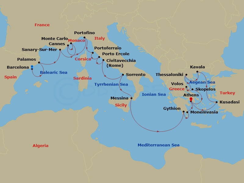 Star Legend - 22 Night - Star Collector : Greek Myths & Riviera Magic - Star Legend - Starting in Barcelona, Palamos, Sanary-sur-mer, Monte Carlo, Cannes, Portofino, Portof.. itinerary map