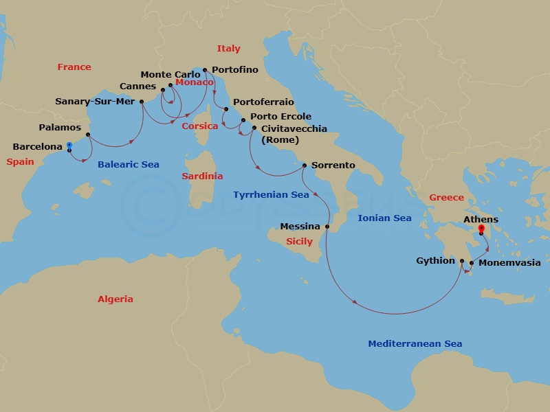 Star Legend - 14 Night - Star Collector : Riches of the Rivieras, Romans, and Greeks - Star Legend - Starting in Barcelona, Palamos, Sanary-sur-mer, Monte Carlo, Cannes, Po.. itinerary map