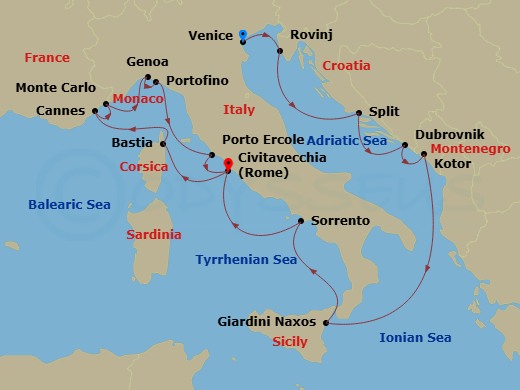 Wind Surf - 15 Night - Star Collector : Iconic Italy and Croatia - Wind Surf - Starting in Venice, Rovinj, Split, Dubrovnik, Croatia, Kotor, Giardini Naxos, Sorrento, Rom.. itinerary map
