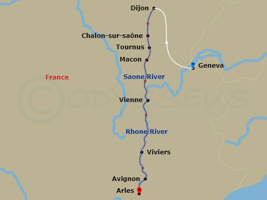 AmaCello Cruise Tours - 13 Night - Essence of Burgundy & Provence with Geneva Pre-Cruise - AmaCello Cruise Tours - Starting in Geneva, Dijon, Chalon-sur-Saone, Tournus, Macon, Vienne.. itinerary map