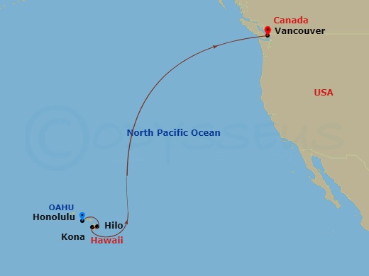 Celebrity Edge - 8 Night - Hawaii Cruise - Celebrity Edge - Starting in Honolulu, Oahu, Hawaii, Hilo, Hawaii, Kailua Kona, Hawaii, Vancouver, British Columbia itinerary map
