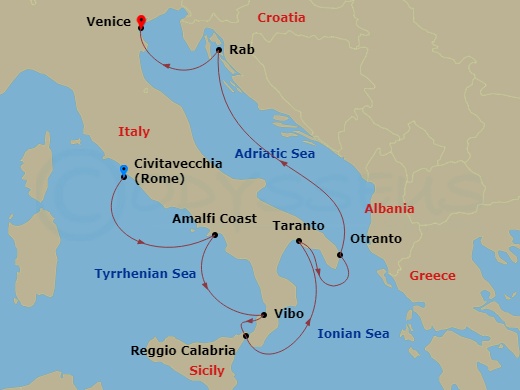 Wind Surf - 8 Night - Bella Italia - a Southern Italian Romance - Wind Surf - Starting in Rome, Amalfi, Marina Velentia (Vibo Valentia), Italy, Reggio Calabria, Italy, Ta.. itinerary map