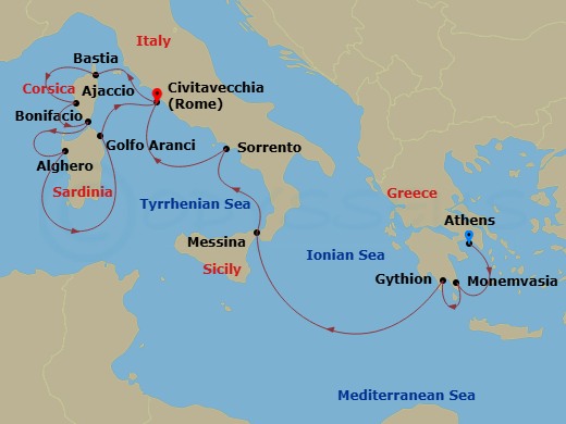 Wind Spirit - 14 Night - Star Collector : Mediterranean's Glamorous Summer Resorts - Wind Spirit - Starting in Athens, Greece, Monemvasia, Gythion, Messina (Taormina), Sorr.. itinerary map