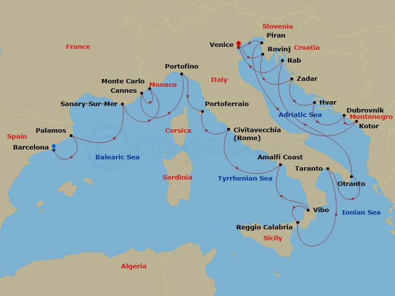 Wind Surf - 24 Night - Star Collector : Europe's Classical Coastlines from the Riviera to the Adriatic - Wind Surf - Starting in Barcelona, Palamos, Sanary-sur-mer, Monte.. itinerary map