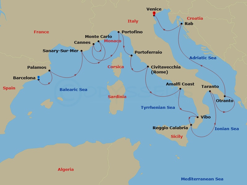 Wind Surf - 15 Night - Star Collector : Riviera & Italian Glamour - Wind Surf - Starting in Barcelona, Palamos, Sanary-sur-mer, Monte Carlo, Cannes, Portofino, Portoferra.. itinerary map