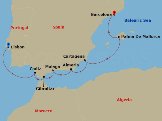 Wind Surf - 8 Night - Spanish Symphony - Wind Surf - Starting in Lisbon, Cadiz, Gibraltar, Malaga, Almeria, Spain, Cartagena ES, Palma De Mallorca, Barcelona itinerary map