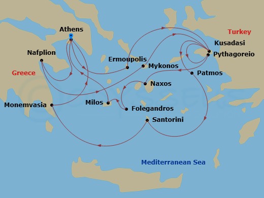 Wind Spirit - 14 Night - Star Collector : Greek Classics & Hidden Gems Unveiled - Wind Spirit - Starting in Athens, Greece, Nafplio, Mykonos, Kusadasi, Patmos, Santorini, M.. itinerary map