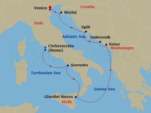 Wind Surf - 9 Night - Classic Italy & Dalmatian Coast - Wind Surf - Starting in Rome, Sorrento, Giardini Naxos, Kotor, Dubrovnik, Croatia, Split, Rovinj, Venice itinerary map