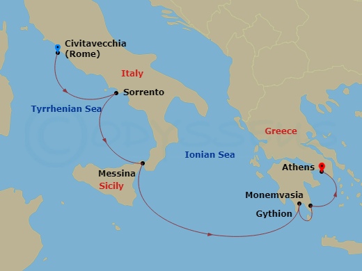 Wind Spirit - 7 Night - Enchanting Greece & the Amalfi Coast - Wind Spirit - Starting in Rome, Sorrento, Messina (Taormina), Gythion, Monemvasia, Athens, Greece itinerary map
