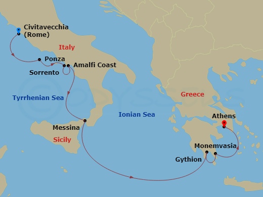 Wind Star - 8 Night - Enchanting Greece & the Amalfi Coast - Wind Star - Starting in Rome, Ponza, Sorrento, Amalfi, Messina (Taormina), Gythion, Monemvasia, Athens, Greece itinerary map
