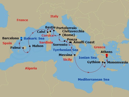 Wind Star - 15 Night - Star Collector : Ancient to Avant-Garde Mediterranean - Wind Star - Starting in Barcelona, Palma De Mallorca, Mahon, Calvi, Bastia, Portoferraio, R.. itinerary map