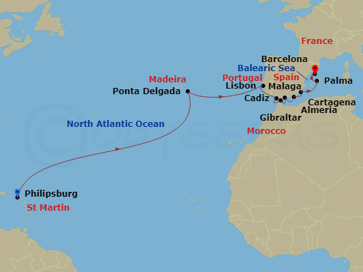 Wind Surf - 22 Night - Star Collector : Atlantic Interludes & Iberian Indulgences - Wind Surf - Starting in Philipsburg, St Maarten, Ponta Delgada, Lisbon, Cadiz, Gibralt.. itinerary map