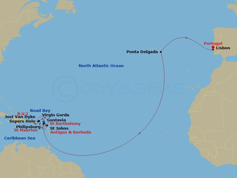 Wind Surf - 21 Night - Star Collector : Spectacular Transatlantic Journey : Caribbean to the Azores - Wind Surf - Starting in Philipsburg, St Maarten, St Johns, Road Bay,.. itinerary map