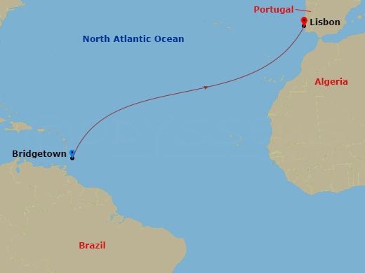 Wind Spirit - 15 Night - Knot Your Average Crossing - Wind Spirit - Starting in Bridgetown, Lisbon itinerary map