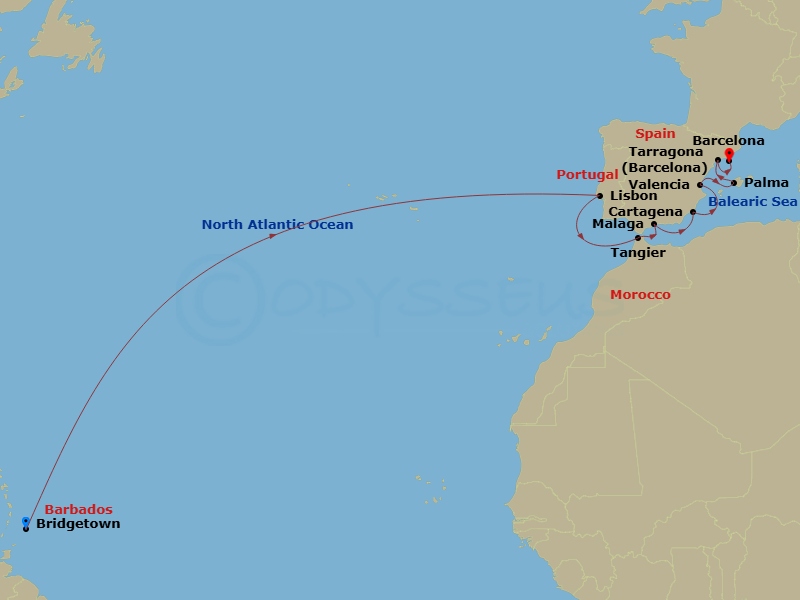 Wind Spirit - 25 Night - Star Collector : Classic Crossing to Spain & More - Wind Spirit - Starting in Bridgetown, Lisbon, Tangier, Malaga, Cartagena ES, Valencia, Palma De.. itinerary map