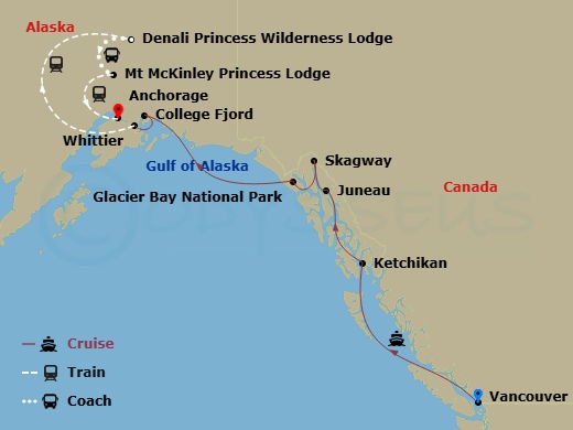 Island Princess Cruise Tours - 12 Night - Denali Explorer - Tour Ha5 - Island Princess Cruise Tours - Starting in Vancouver, Canada, Ketchikan, Alaska, Juneau, Alaska, Skagway, Alaska, Glac.. itinerary map