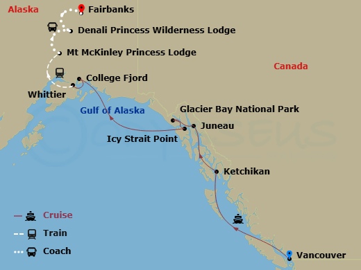 Island Princess Cruise Tours - 13 Night - Denali Explorer - Tour Ka6 - Island Princess Cruise Tours - Starting in Vancouver, Canada, Ketchikan, Alaska, Juneau, Alaska, Glacier Bay National.. itinerary map