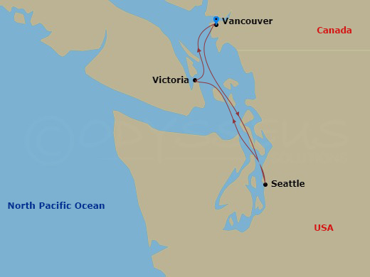 Discovery Princess - 3 Night - Pacific Coastal - Discovery Princess - Starting in Vancouver, Canada, Seattle, Washington, Victoria CA, Vancouver, Canada itinerary map