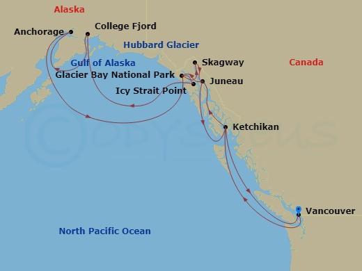Island Princess - 14 Night - Voyage of the Glaciers Grand Adventure - Island Princess - Starting in Vancouver, Canada, Ketchikan, Alaska, Juneau, Alaska, Glacier Bay National P.. itinerary map