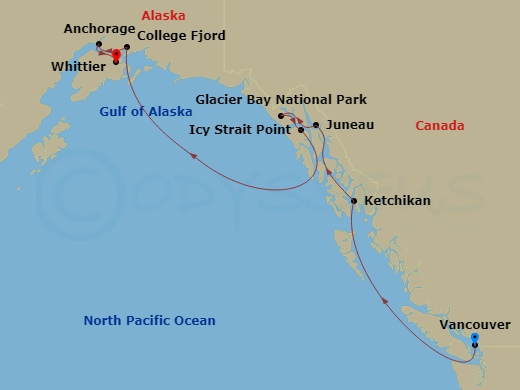 Island Princess - 7 Night - Voyage of the Glaciers (Northbound) - Island Princess - Starting in Vancouver, Canada, Ketchikan, Alaska, Juneau, Alaska, Glacier Bay National Park.. itinerary map