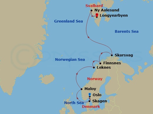 World Navigator - 12 Night - Oslo to Longyearbyen - World Navigator - Starting in Oslo, Skagen, Maloy, Leknes (Lofoten Islands), Finnsnes (Senja Island), Skarsvag (North Cape),.. itinerary map