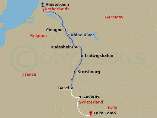 AmaSerena Cruise Tours - 12 Night - Rhine Castles & Swiss Alps with Amsterdam Pre-Cruise and Lake Como Post-Cruise - AmaSerena Cruise Tours - Starting in Amsterdam, Cologne, Rhine Gor.. itinerary map