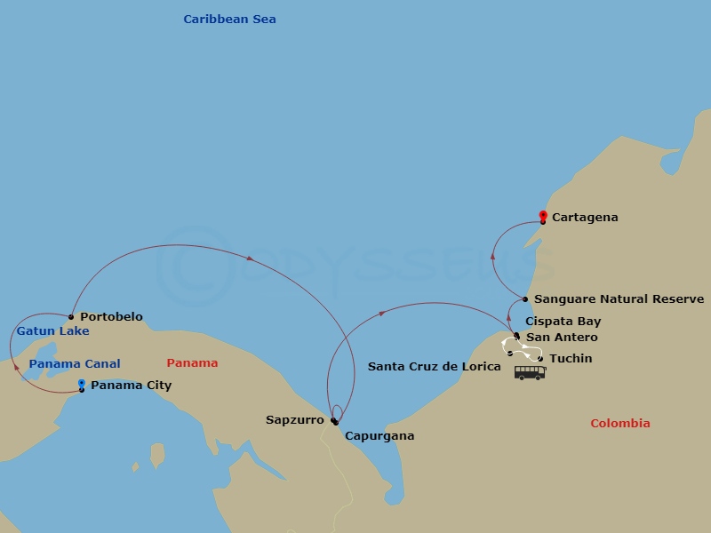 National Geographic Quest - 7 Night - Panama and Colombia : Exploring the Caribbean Coast - National Geographic Quest - Starting in Panama City, Panama / Balboa / Embark Ship, Gatun Lake.. itinerary map