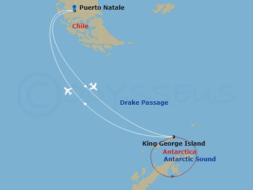 National Geographic Explorer Cruise Tours - 7 Night - Antarctica Direct : Fly the Drake Passage - National Geographic Explorer Cruise Tours - Starting in Puerto Natales, Chile, Puerto Natales / King Geo.. itinerary map