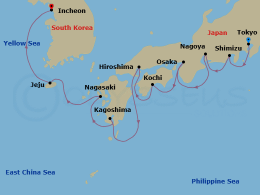 12 Night - Tokyo Indulgence - Seven Seas Explorer - Starting in Tokyo, Shimizu, Nagoya, Osaka, Kochi, Hiroshima, Cruising the Pacific Ocean, Kagoshima, Nagasaki, Jeju, Cruising the Yellow Sea, Seoul (Incheon) itinerary map