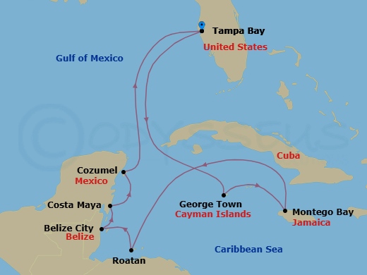 10 Night - Shimmering Reefs, Mighty Ruins - Seven Seas Mariner - Starting in Tampa Bay, Cruising the Gulf, George Town, Montego Bay, Cruising the Caribbean Sea, Roatan, Belize City, Costa Maya, Mexico, Cozumel, Mexico, Cruising the Gulf, Tampa Bay itinerary map