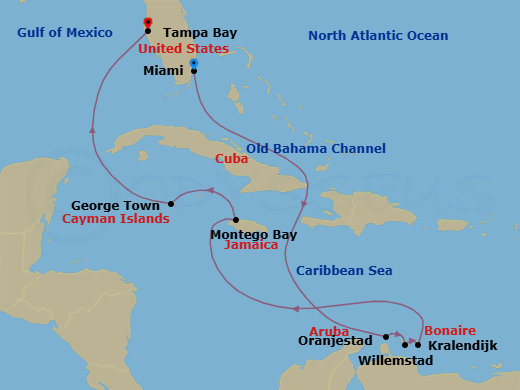 10 Night - Sunset Serenity - Seven Seas Mariner - Starting in Miami, Cruising the Old Bahama Channel, Cruising the Caribbean Sea, Oranjestad, Willemstad AN, Bonaire (Kralendijk), Cruising the Caribbean Sea, Montego Bay, George Town, Cruising the Gulf, Tampa Bay itinerary map