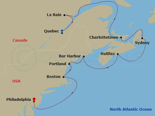 NCL Norwegian Jewel - 10 Night - Canada & New England - Philadelphia - NCL Norwegian Jewel - Starting in Quebec City, Canada, La Baie Saguenay River, Canada, Charlottetown, Prince.. itinerary map