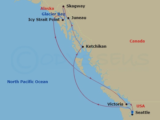 NCL Norwegian Joy - 9 Night - Alaska - Seattle - NCL Norwegian Joy - Starting in Seattle, Wa, Ketchikan (Ward Cove), Ak, Juneau, Ak, Skagway, Ak, Icy Strait Point, Ak, Cruise Gla.. itinerary map