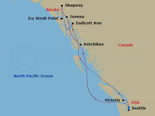 NCL Norwegian Joy - 9 Night - Alaska - Seattle - NCL Norwegian Joy - Starting in Seattle, Wa, Ketchikan (Ward Cove), Ak, Juneau, Ak, Skagway, Ak, Icy Strait Point, Ak, Endicott A.. itinerary map