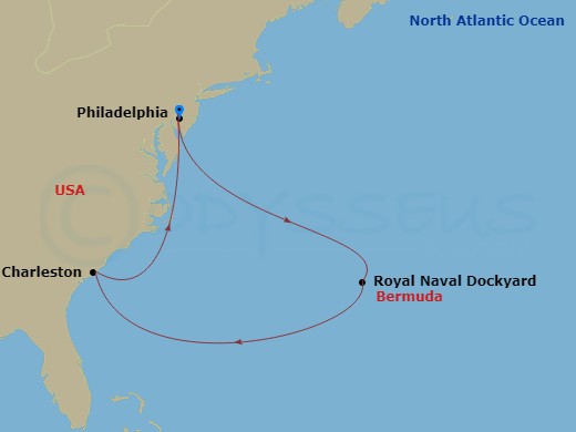NCL Norwegian Jewel - 7 Night - Bermuda - NCL Norwegian Jewel - Starting in Philadelphia, Pa, Royal Naval Dockyard, Bermuda, Charleston, SC, Philadelphia, Pa itinerary map