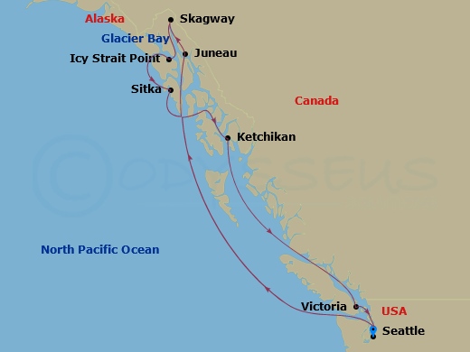 NCL Norwegian Joy - 10 Night - Alaska - Seattle - NCL Norwegian Joy - Starting in Seattle, Wa, Juneau, Ak, Skagway, Ak, Cruise Hubbard Glacier, Ak, Icy Strait Point, Ak, Sitka, A.. itinerary map