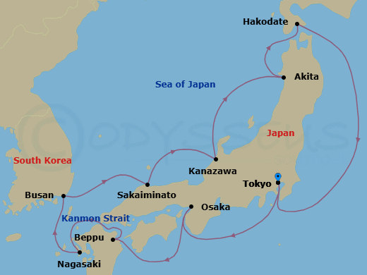 14 Night - Hanami Experience - Seven Seas Explorer - Starting in Tokyo, Osaka, Beppu, Cruising the Kanmon Straits, Nagasaki, Busan, Sakaiminato, Kanazawa, Akita, Hakodate, Cruising the Pacific Ocean, Tokyo itinerary map