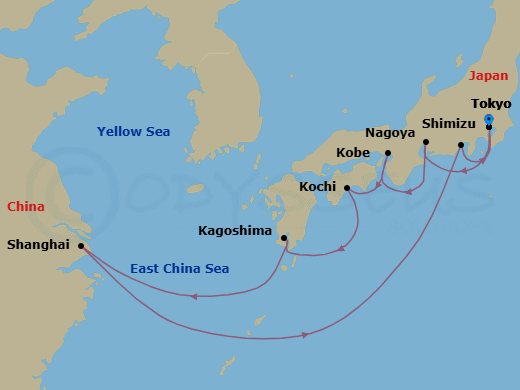 12 Night - Castles, Temples & Geishas - Seven Seas Explorer - Starting in Tokyo, Nagoya, Kyoto (Kobe), Kochi, Kagoshima, Cruising the East China Sea, Shanghai, Cruising the East China Sea, Cruising the Pacific Ocean, Shimizu, Tokyo itinerary map
