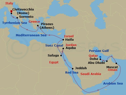 21 Night - Souks to Sorrento - Seven Seas Voyager - Starting in Doha, Abu Dhabi, Cruising the Gulf of Oman, Muscat, Cruising the Gulf of Oman, Cruising the Arabian Sea, Cruising the Gulf of Aden, Cruising the Red Sea, Jeddah, Cruising the Red Sea, Aqaba, Luxor (Safaga), Suez Canal (Transit), Jerusalem (Haifa), Cruising the Mediterranean Sea, Athens (Piraeus), Cruising the Mediterranean Sea, Sorrento / Capri, Rome (Civitavecchia) itinerary map